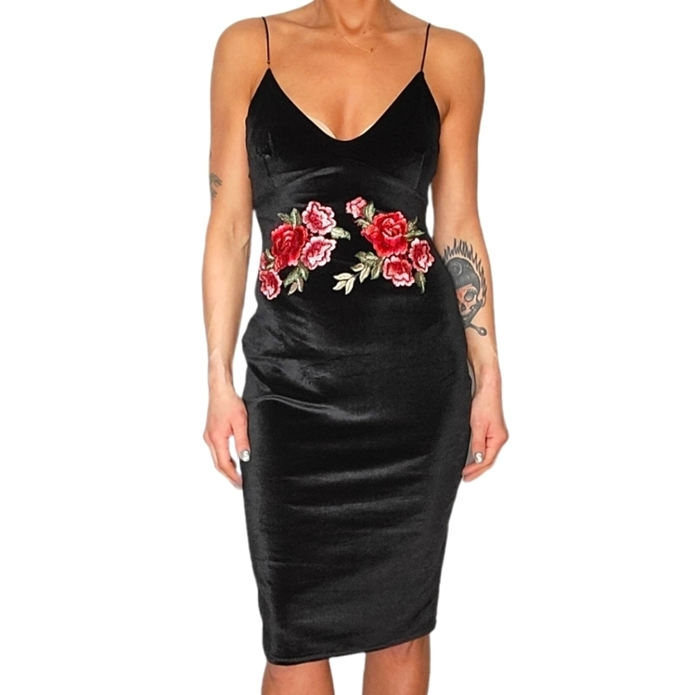 ASOS Club L Black Velvet Floral Midi Dress Size 10 V Neck Sleeveless